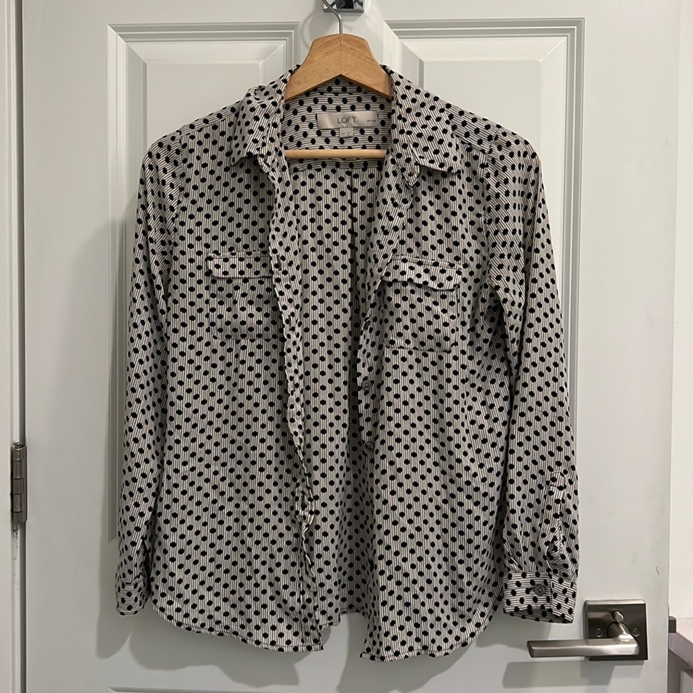 LOFT SHEER POLKA DOT PATTERN BUTTON DOWN BLOUSE